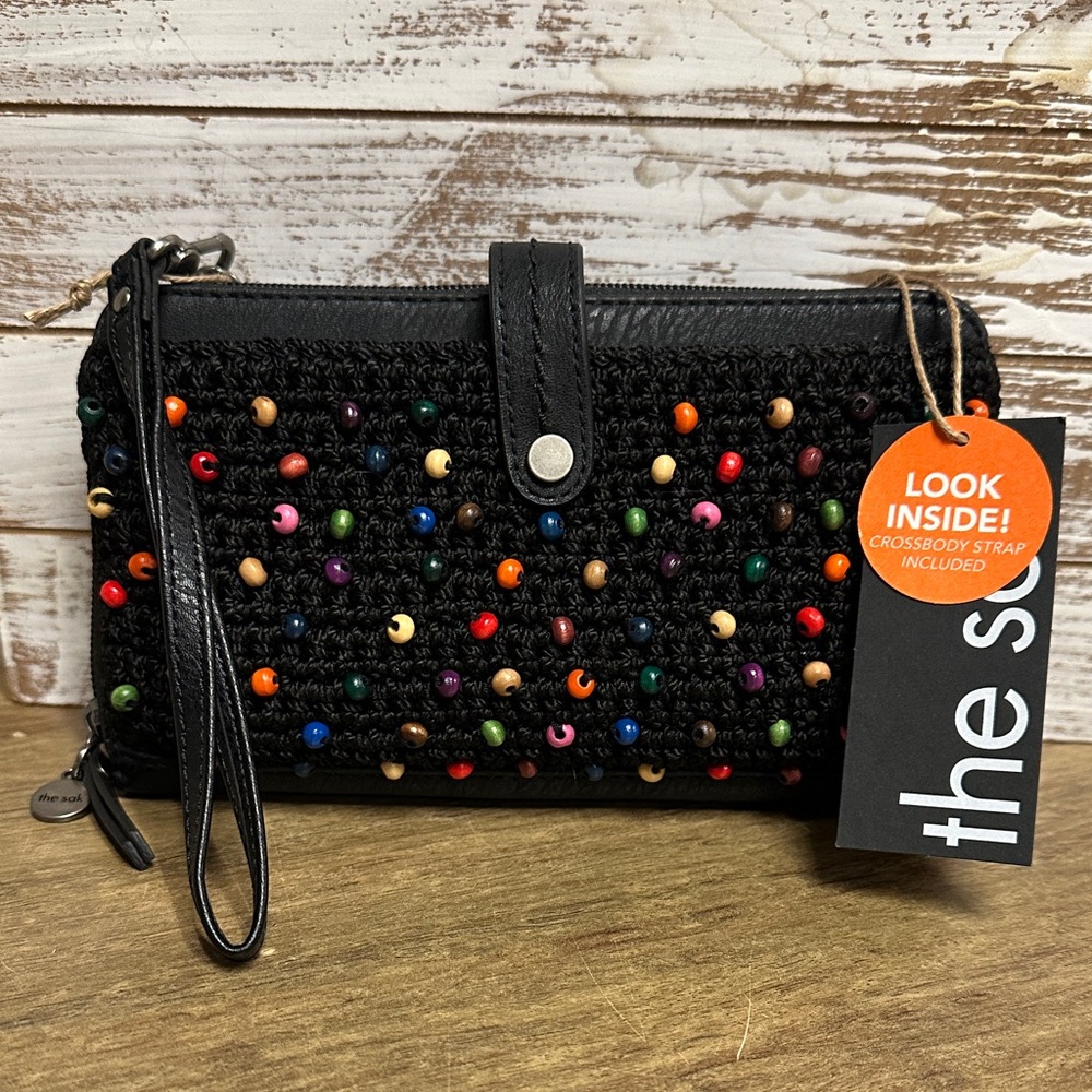 The Sak NWT black multi color beaded crochet phone wristlet crossbody bag - Picture 2 of 7